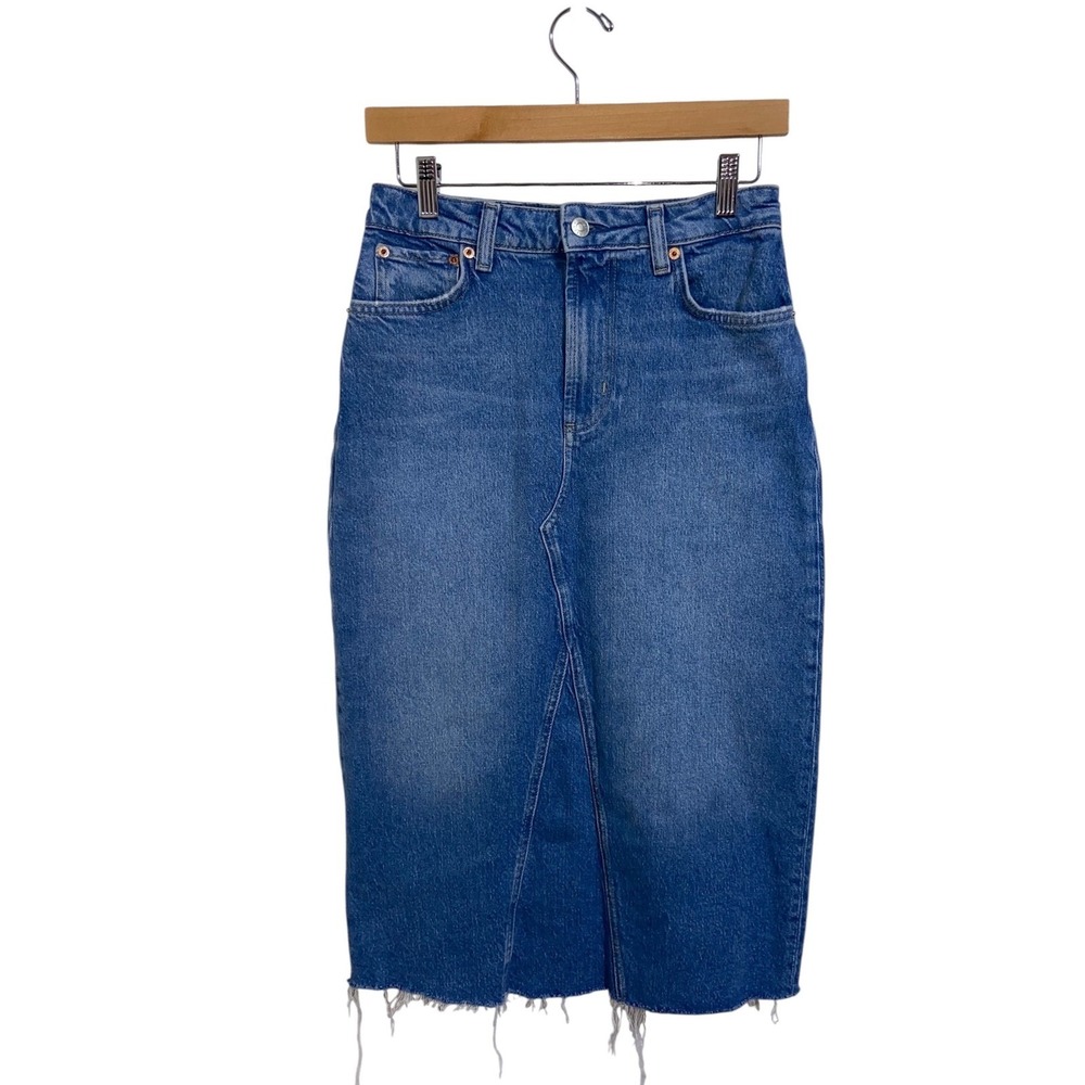 Rails Denim Highland Skirt Vintage Sapphire Medium Wash Midi Pencil Frayed 25
